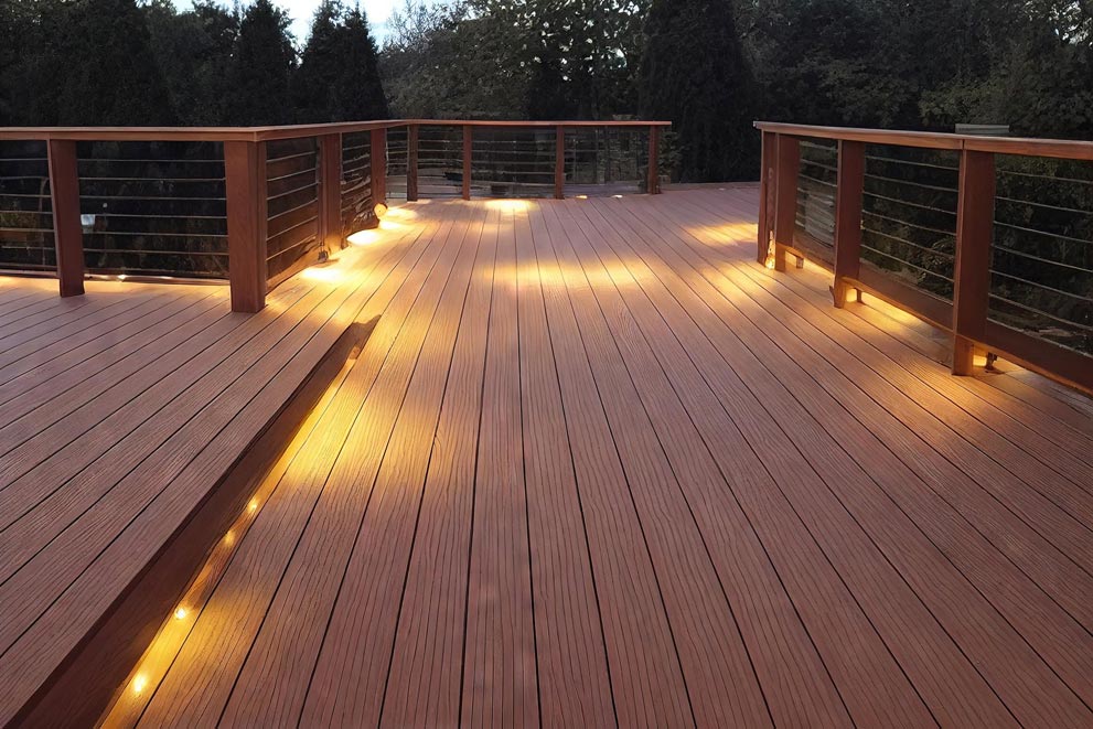 Newly installed wooden deck with embedded floor lights