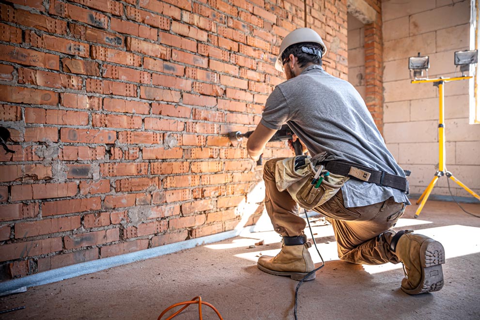 A construction worker is working on a brick wall